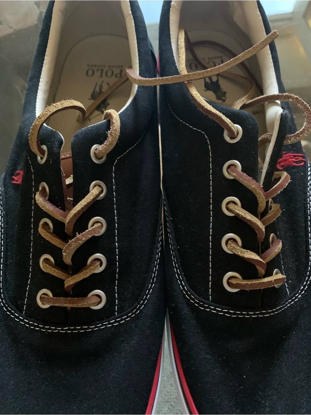 Polo by Ralph Lauren Black Canvas Boat Shoes with Tan Laces and Red Logo
